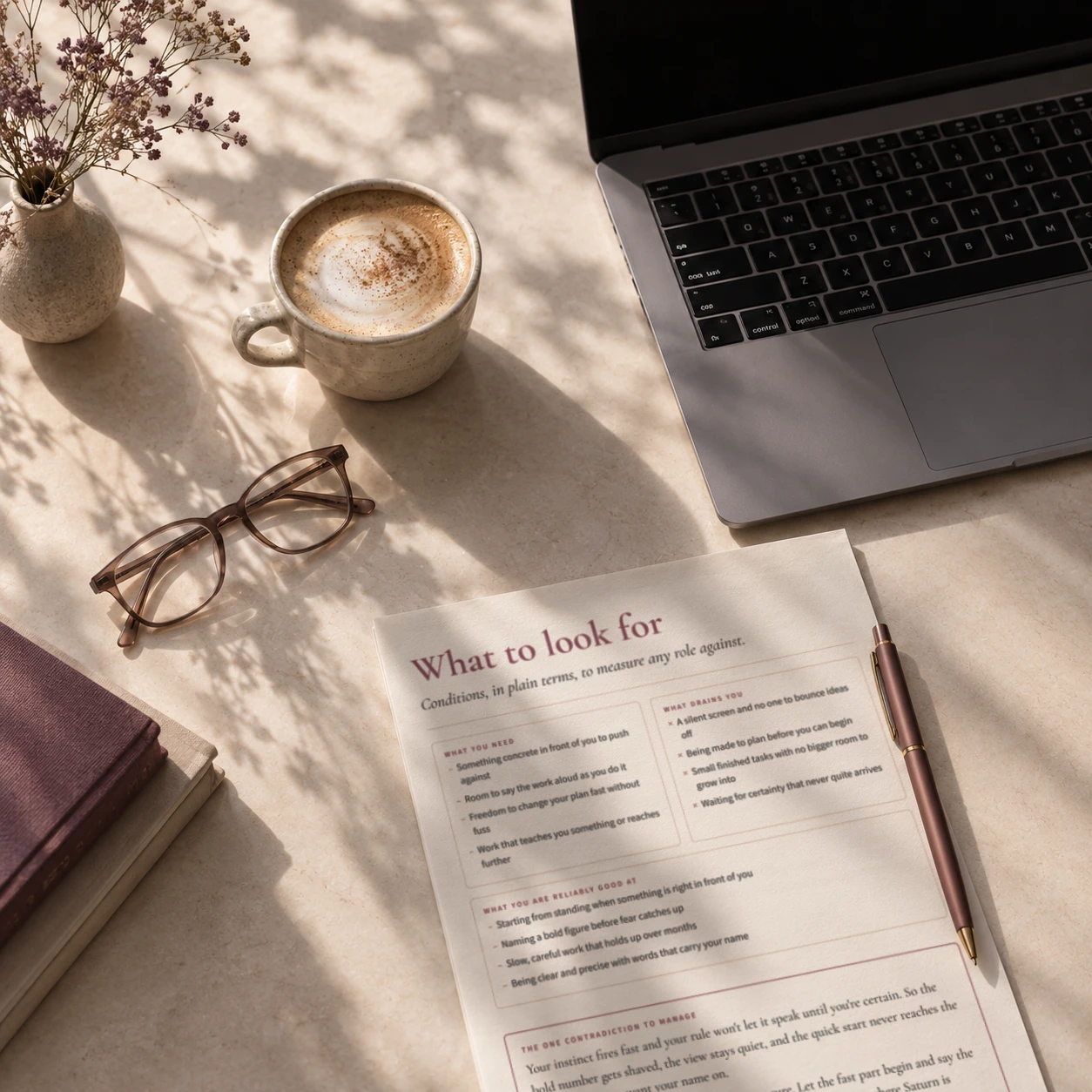 The “What to look for” page of a 4W Reading on a desk beside a coffee, glasses and a pen: what you need, what drains you, what you are reliably good at, and the one contradiction to manage.